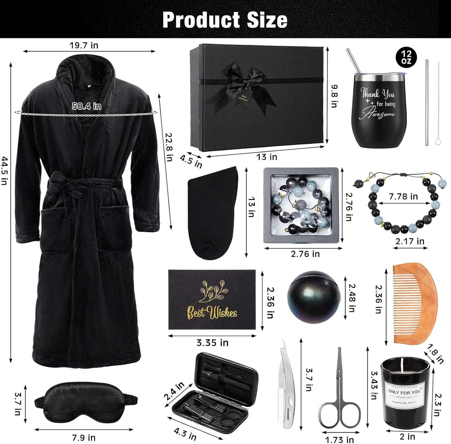 15 Pcs Birthday Gifts for Men Beard Care Set for Him Father'S Day Gifts Basket Ideas Kit for Men Tumbler Bath Robe for Dad Husband Boyfriend Box(Black)